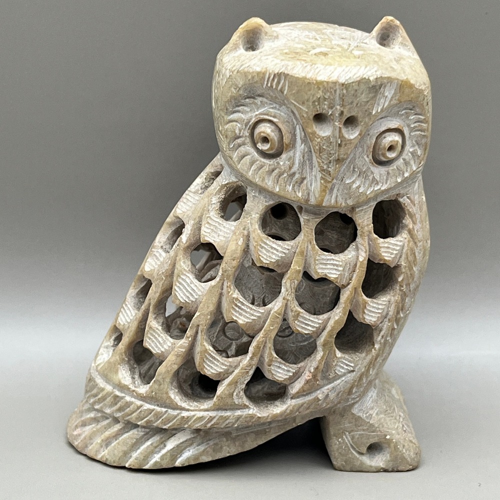 Vtg Hand Carved Soapstone Owl Figurine Jali Lattice Mother Baby India Boho Decor
